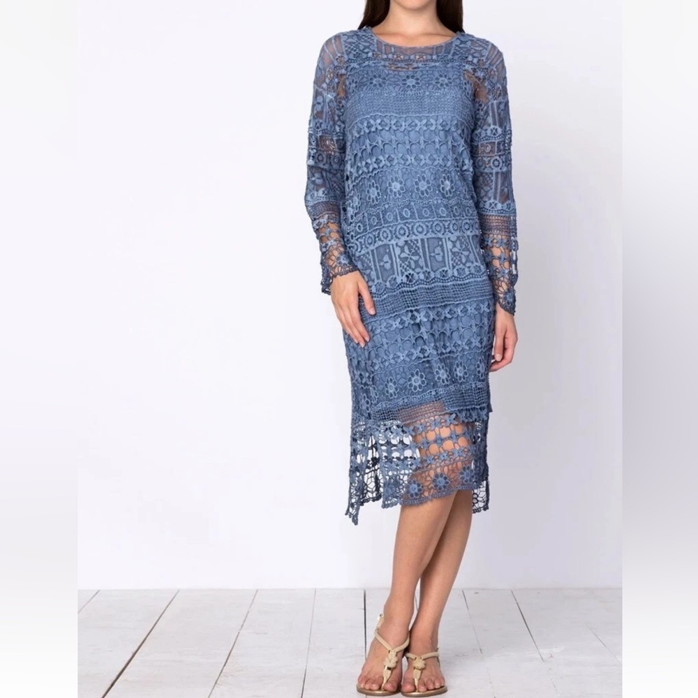 XCVI NWT Fonda Lace Crochet‎ Midi Dress Women’s Size Small Blue Boho Style READ